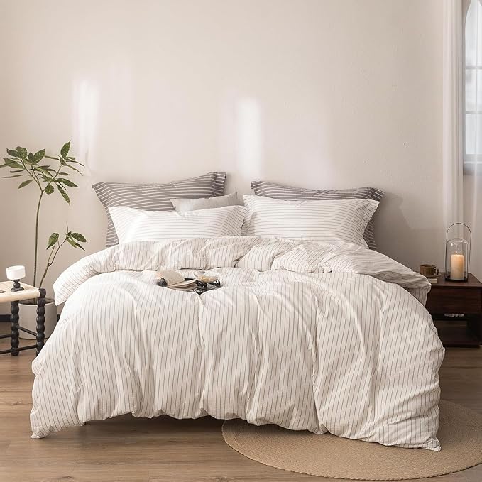 Stripe Duvet Cover Oversized King Size 120inch x 98inch,100% Washed Cotton Linen Feel Duvet Cover with Zipper Closure and 2 Pillowcases, Color of Off White-Linen Grey Stripe