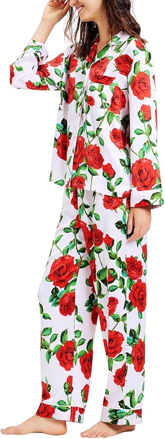 Lonxu Silk Satin Womens Pajama Sets Button Down Sleepwear Loungewear XS~3XL