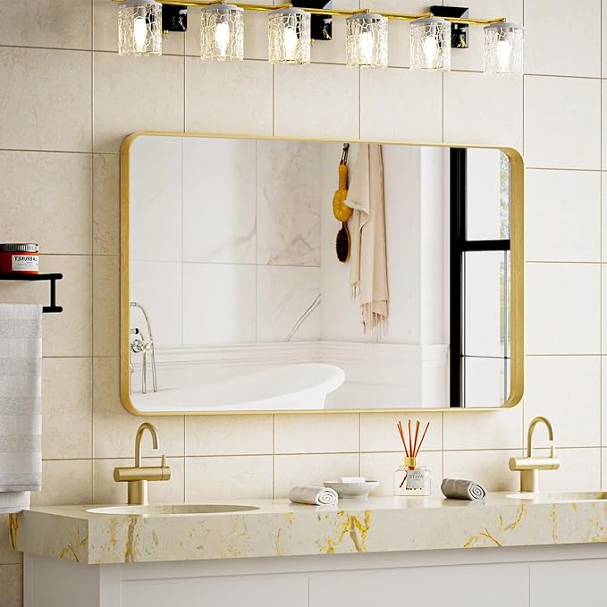 VooBang Bathroom Mirror 24x32 inch, Gold Gorgeous Deep Frame Wall Mirror, Modern Round Corner Bathroom Vanity Mirror for Bedroom, Living Room, Hanging or Leaning Horizontal or Vertical, Gold