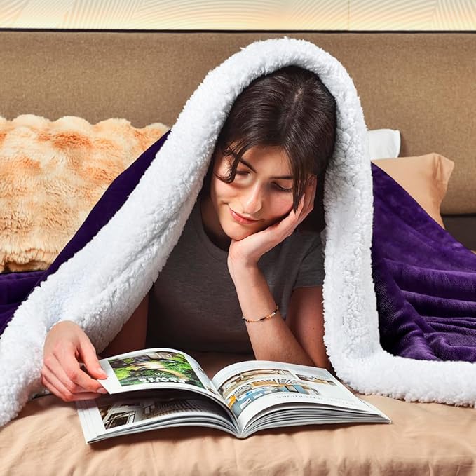 KAWAHOME Sherpa Fleece Queen Size Blanket for Bed - Extra Warm and Heavy Thick Blankets for Winter, Super Soft 500GSM Plush Blanket, 90"X 90" Purple