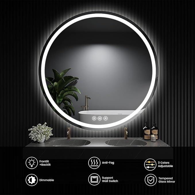 LED Bathroom Mirror 36 Inch Round Bathroom Mirror with Lights,Circle LED Mirror, Wall Mounted Lighted Bathroom with 3 Colors Brightness, Anti-Fog, Dimmable, Shatter-Proof