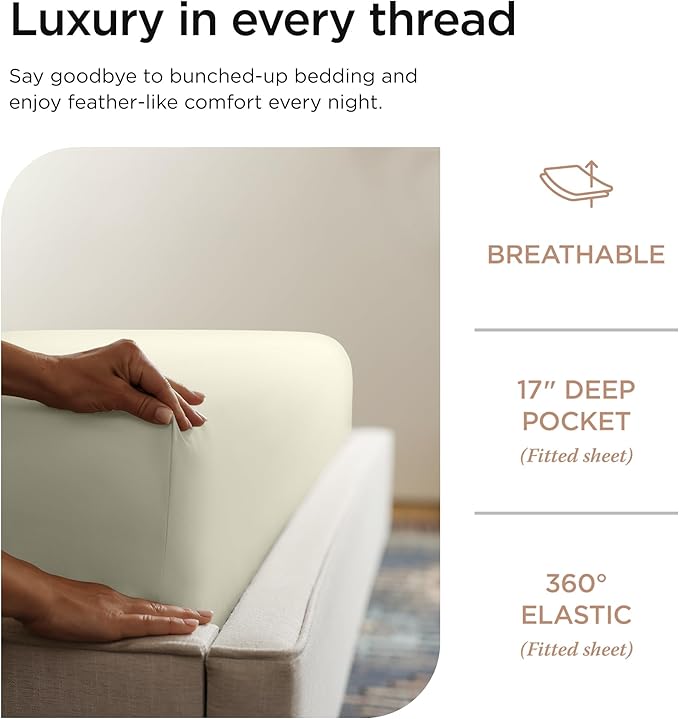 Threadmill Supima Cotton Sheets - Queen, 1000 Thread Count, 4 Piece Luxury Bedding Set, Hotel Quality Sateen Weave, Ivory with Elasticized Deep Pocket
