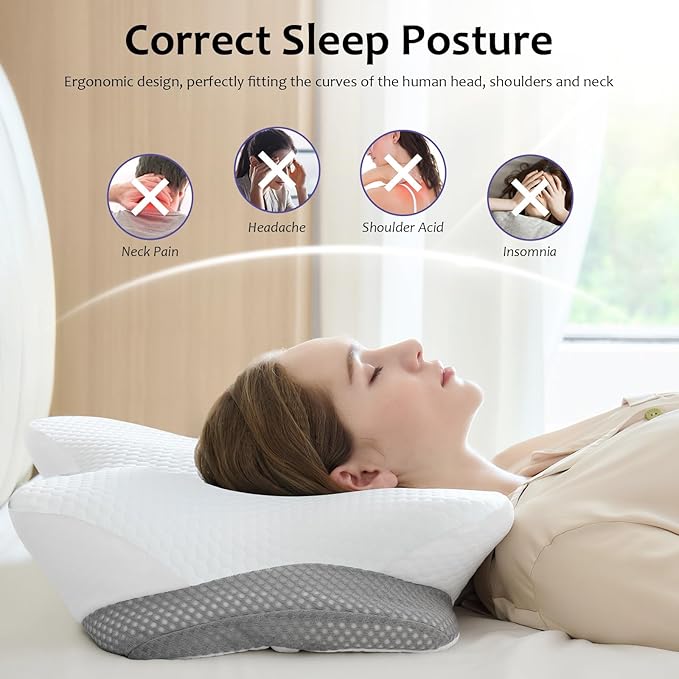 Memory Foam Pillows, Cervical Pillow for Neck and Shoulder Pain Relief, Ergonomic Contour Bed Pillow, Soft for Side Sleep Stomach Sleeping and Back Sleeper (White)
