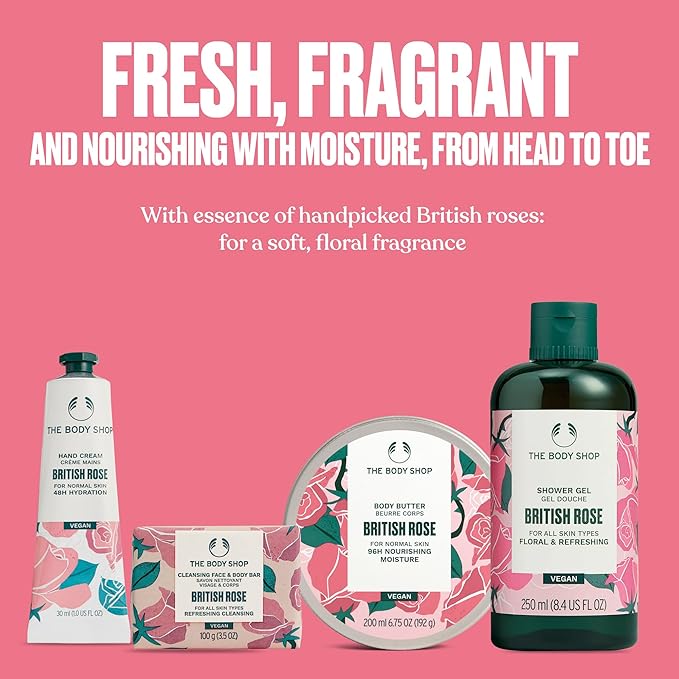 The Body Shop British Rose Collection Gift Set - 4 Piece Set, Shower Gel, Body Butter, Hand Cream, Face & Body Bar, Vegan