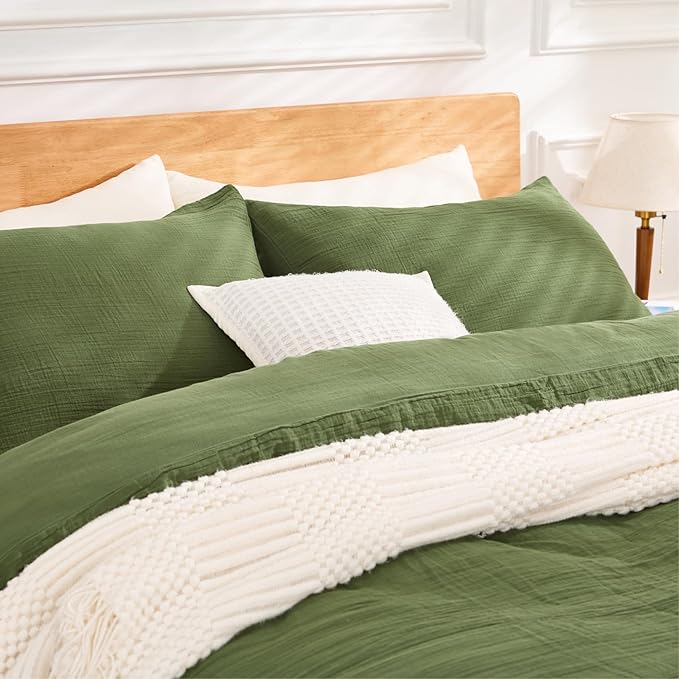 Green Duvet Cover Queen Size, 100% Sandwashed Cotton Soft Queen Duvet Cover Set 3 Pieces with Zipper Clousre & Corner Buttons (Green, Queen 90 x 90)