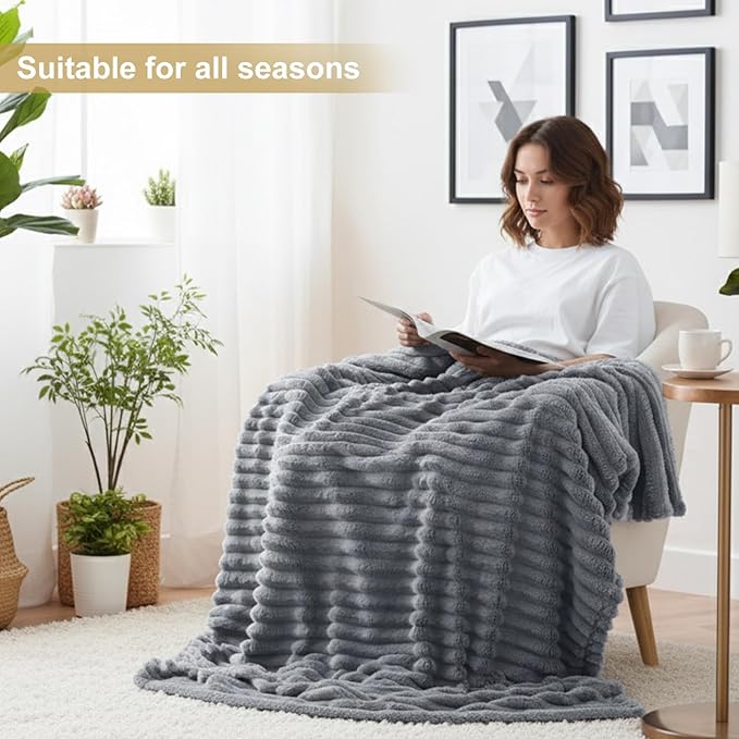 decorUhome Christmas Soft Fleece Grey Twin Blanket for Bed, Cozy Fluffy Plush Flannel Striped Throws for Couch Sofa, Lightweight Decorative Ribbed Fuzzy Blanket for Woman, 60x80 Inches