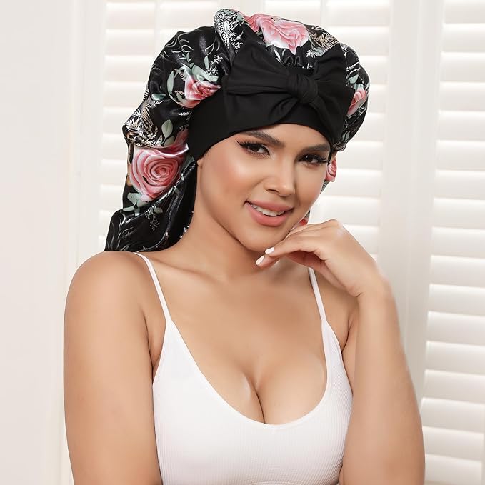 AWAYTR Long Satin Bonnet for Braids - Elastic Silk Hair Bonnets for Sleeping Night Cap Stretchy Tie Band for Women（Flower B）