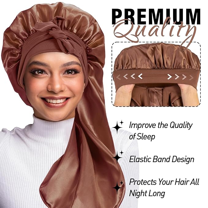 3Pcs Bonnets for Black Women Braid Bonnet, Large Long Satin Bonnet for Braids, Black Women Satin Silk Bonnet with Stretchy Tie Band Sleep Bonnet Cap for Long Curly Hair (Green & Black Pattern & Brown)