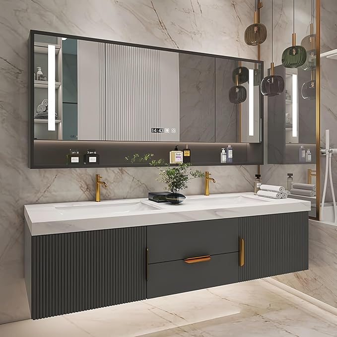 Bathroom Vanity with Double Sink, Modern Bathroom Vanities Compo Includes LED Smart Defogging Mirror Cabinet and Open Shelf, Solid Wood Bathroom Sink Vanity with Slate Countertop (Dark Grey,68")
