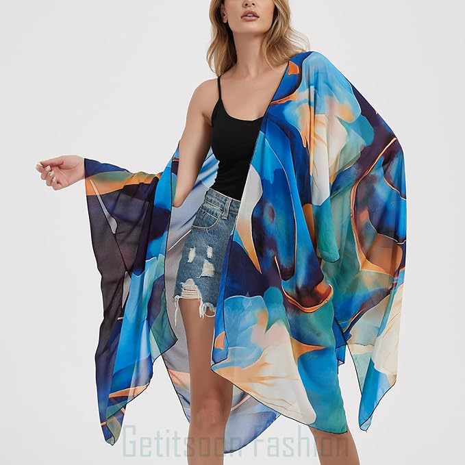 Women's Bohemian Floral Chiffon Beach Cover up Swimsuit Kimono Summer Swimwear Cardigans