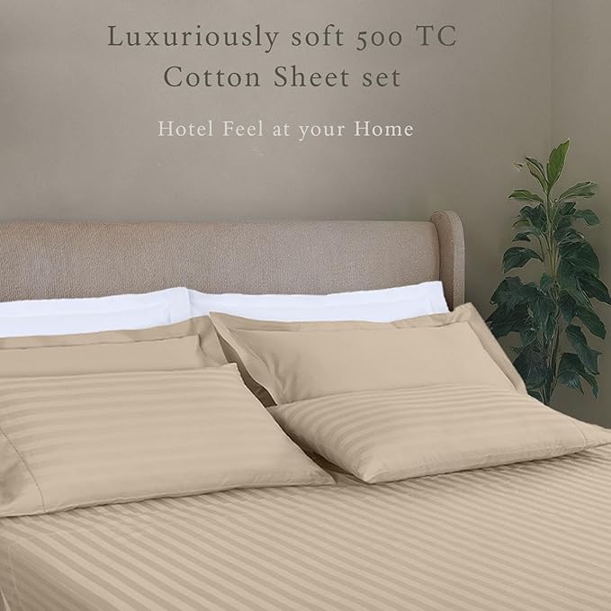 Threadmill 500 Thread Count King Size Damask Stripe, 4 Pc Luxury Cotton Bedsheet Set, Silky Soft Light Beige Sheets with 16" Elasticized Deep Pocket, 2 Pillowcases & Free Tote Bag