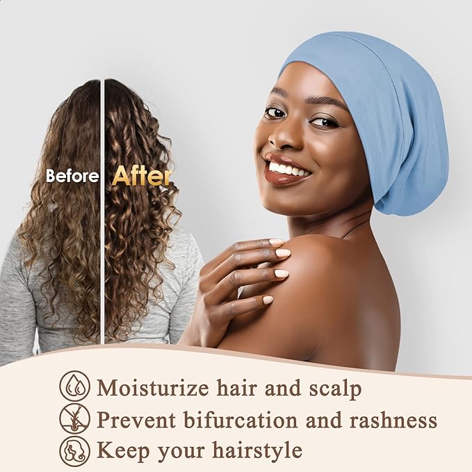 OLESILK Silk Bonnet for Curly and Frizzy Hair, Sleep Cap for Sleeping, Unisex Hair Wrap, Medium, Light Blue