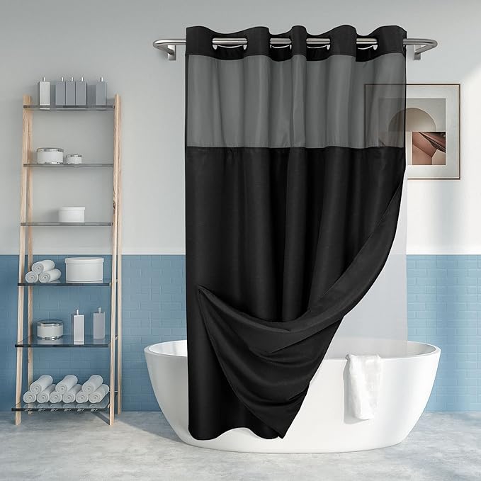 Long No Hook Slub Textured Shower Curtain with Snap-in PEVA Liner Set - 71" x 80"(78"), Hotel Style with See Through Top Window, Black Fabric Curtain & Waterproof Liner, Black, 71x80