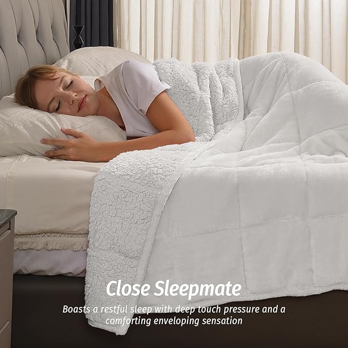 Wemore Sherpa Fleece Weighted Blanket for Adult, 15 lbs Dual Sided Cozy Fluffy Heavy Blanket, Ultra Fuzzy Throw Blanket with Soft Plush Flannel Top, 48 x 72 inches, White on Both Sides