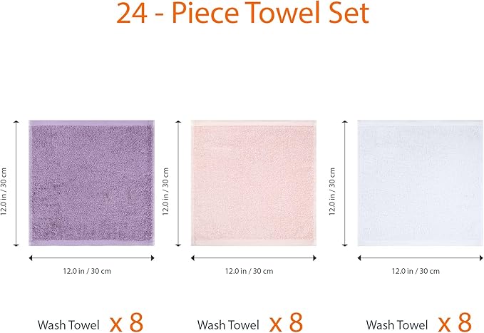 Amazon Basics washcloth for bathroom, 100% Cotton Extra Absorbent , Fast Drying - salon towels - 24-Pack, Petal Pink, Lavender, White, 12 x 12 in