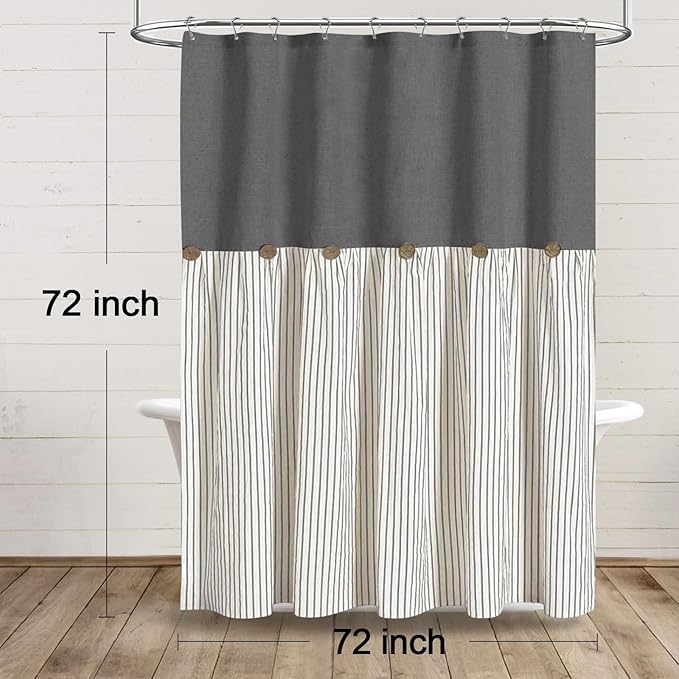Farmhouse Shower Curtain Linen Grey Button Woven Fabric Country Rustic Western, Pleated Grey Stripe 72" W x 72" L
