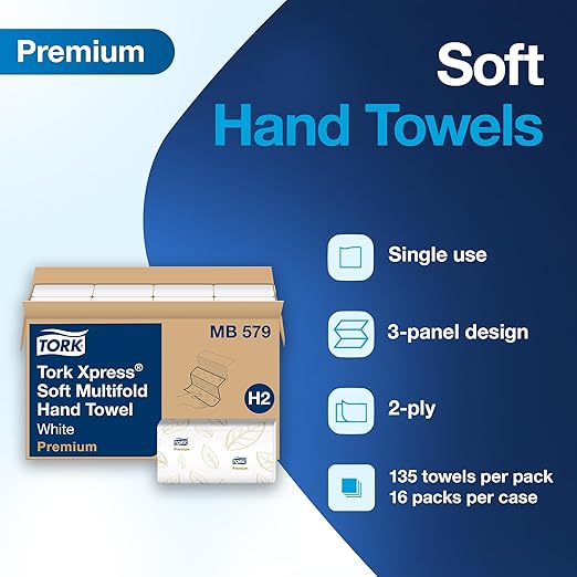 Tork Soft Xpress Multifold Paper Hand Towels White, H2 System Compatible 16 Packs X 135 Towels Each (MB579)