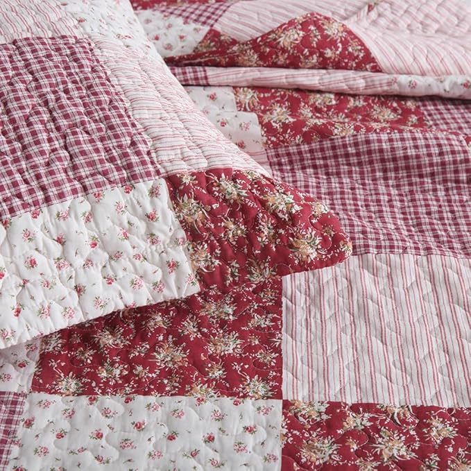 ENASAL Cotton Bedspread Quilt Bedding Sets Reversible Coverlet Sets Comforters Plaid Floral Red White Patchwork Pattern Bedspread for All Season, King Size