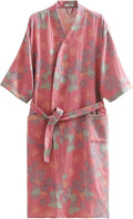 Women Cotton Double Gauze Jacquard Kimono Robe Bathrobe with Belt Pocket Comfortable Loungewear Yukata Sleepwear
