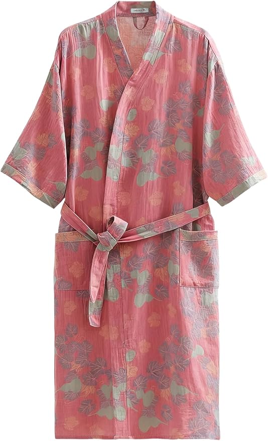 Women Cotton Double Gauze Jacquard Kimono Robe Bathrobe with Belt Pocket Comfortable Loungewear Yukata Sleepwear