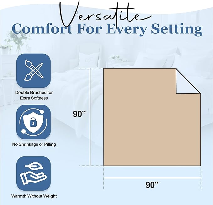 Thermee Micro Flannel Full/Queen Size Blankets, Lightweight All Seasons Cozy Blanket, Throw Blankets for Home and Living Room, Comfy & Soft Blanket for Couch, Machine Wash, No Pilling - Tan