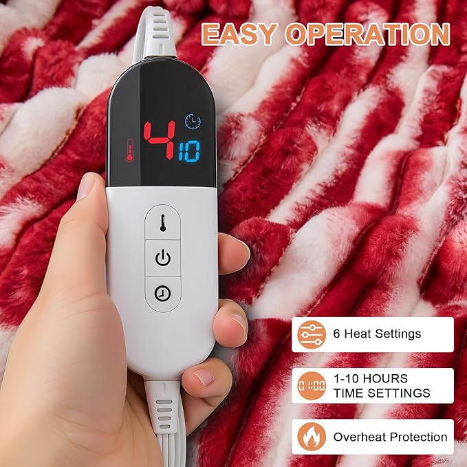 Heated Blanket Full - 72"x84" Fast Heating Bed Electric Blankets with 6 Heating Levels & 10 Hours Auto Off, Soft Ribbed Faux Fur Sherpa, Over-Heated Protection ETL, Red