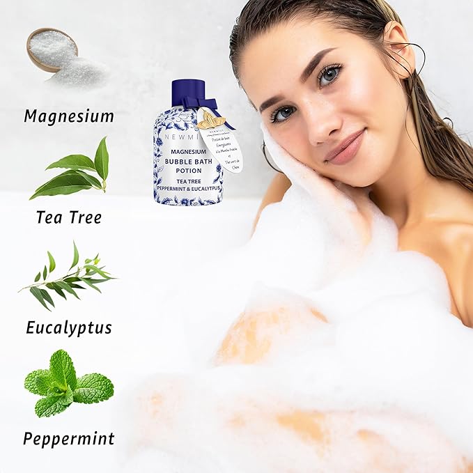 Magnesium Bubble Bath Long Lasting Foam for Sore Muscles Recovery Tea Tree Peppermint Eucalyptus Relaxing Stress Relief Calming Self Care Spa Gift