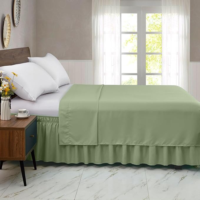 FreshCulture King Bed Skirt, Dust Ruffle for King Size Bed, Easy Fit with 15-Inch Tailored Drop, Elastic Wrap Around Bed Skirt King Size, Hotel Quality Bed Skirts for Adjustable Bed (Sage Green)