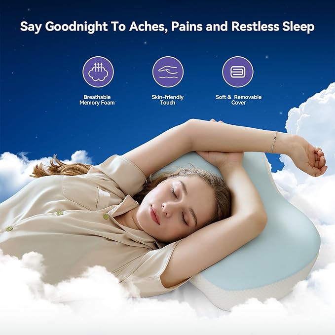 Cervical Neck Pillow for Pain Relief - Cooling Side Sleeper Pillow for Sleeping, Ergonomic Memory Foam Pillows for Neck Support, Contour Orthopedic Bed Pillow for Back Stomach Sleepers (Blue)