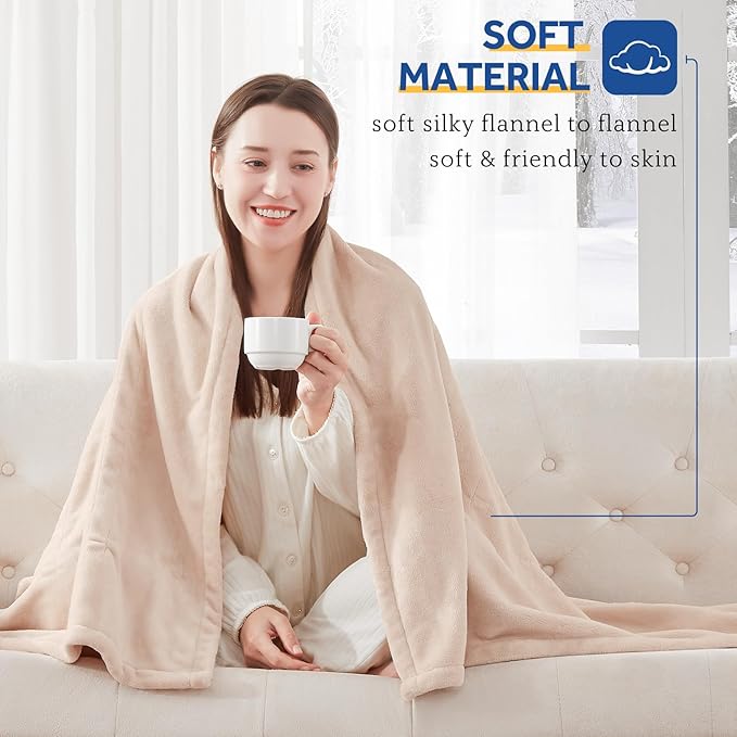 Sealy Electric Blanket Full Size, Flannel Heated Blanket with10 Heating Levels & Auto Shut Off, Machine Washable, Beige, 80 x 84 Inch