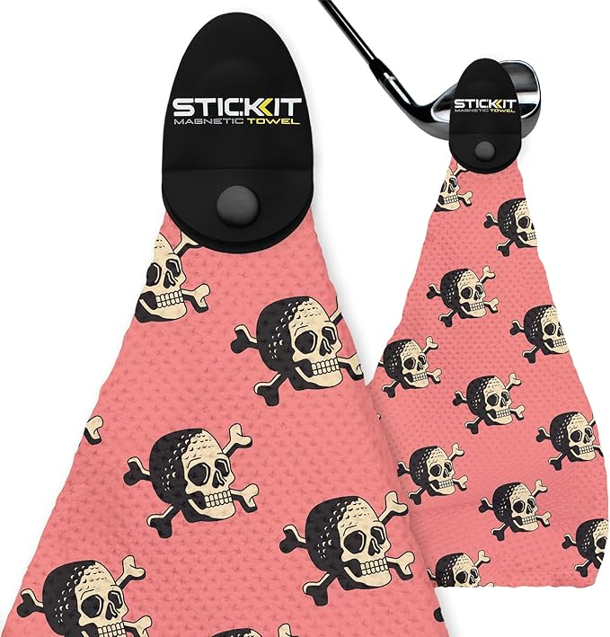 STICKIT Magnetic Golf Towel with Pink Skulls | Top-Tier Microfiber Golf Towel with Deep Waffle Pockets | Industrial Strength Magnet for Strong Hold to Golf Carts or Clubs