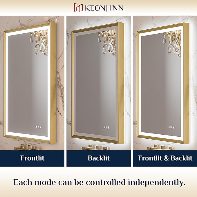 Keonjinn 40” x 32” LED Mirror for Bathroom with Frontlit & Backlit, Brushed Gold Framed Mirror with Lights, Anti-Fog, Stepless Dimmable 3 Color Lights, Tempered Glass(Horizontal/Vertical)