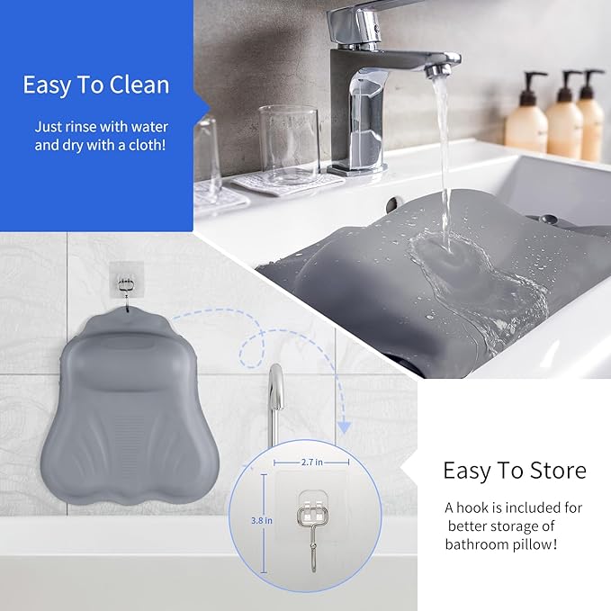 Goowin Bath Pillows for Tub, New Generation Skin-Friendly Silicone Bath Pillow, Luxury Bathtub Pillow for Head and Neck, Powerful Suction Tub Pillow for Bathtub with Inflatable Airbag (Grey)