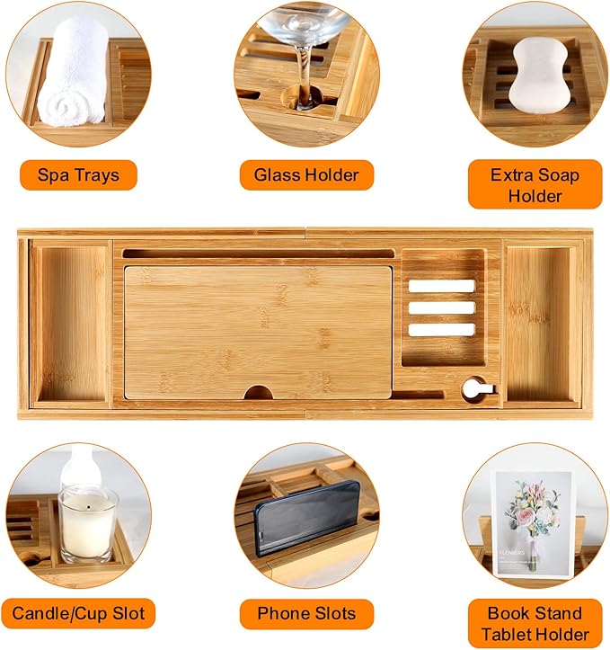 Premium Bamboo Bathtub Caddy Tray with Extending Sides, Adjustable Wood Bath Tray for Luxury Bath, Fits Most Tubs, Accessories Gift Idea