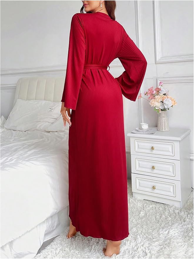 OYOANGLE Womens Long Robes Kimono Elegant Lightweight Knit V Neck Bathrobe Soft Sleepwear Casual Bath Robe