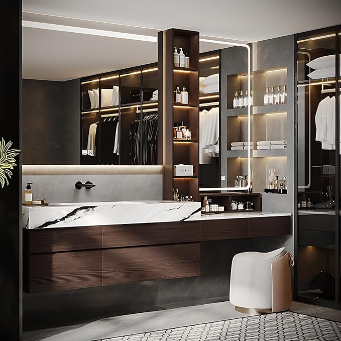 Bathroom Vanity with Sink - Luxury Bathroom Sink Cabinet, Floating Vanity with Smart Defogging Mirror & Storage Drawer, Multi-Layer Solid Wood Panel - Complete Accessories (68")