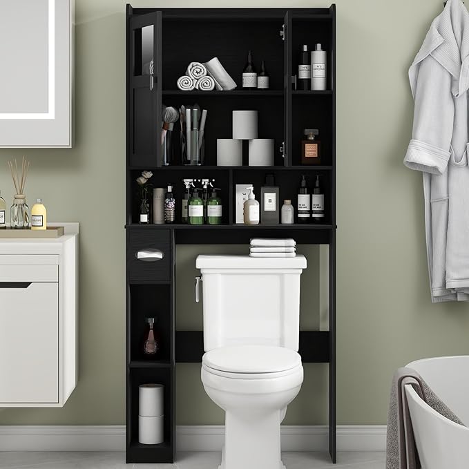 Vabches Over The Toilet Storage Cabinet, Bathroom Shelf Over Toilet with Glass Doors and Adjustable Shelves, Black Freestanding Home Space Save Toilet Rack, for Restroom, Bathroom, Laundry