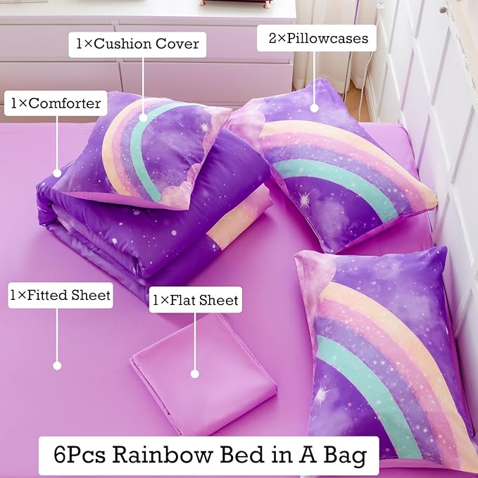 ANGIYUIN 6Pcs Gradient Purple Queen Size Comforter Set for Girls 3D Colorful Rainbow Galaxy Bed in A Bag Gradient Glitter Bedding Comforter Sets for All Season