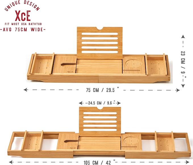 XcE Bathtub Caddy Tray Expandable to 105cm with Bamboo Book Stand and Soap Tray, Natural