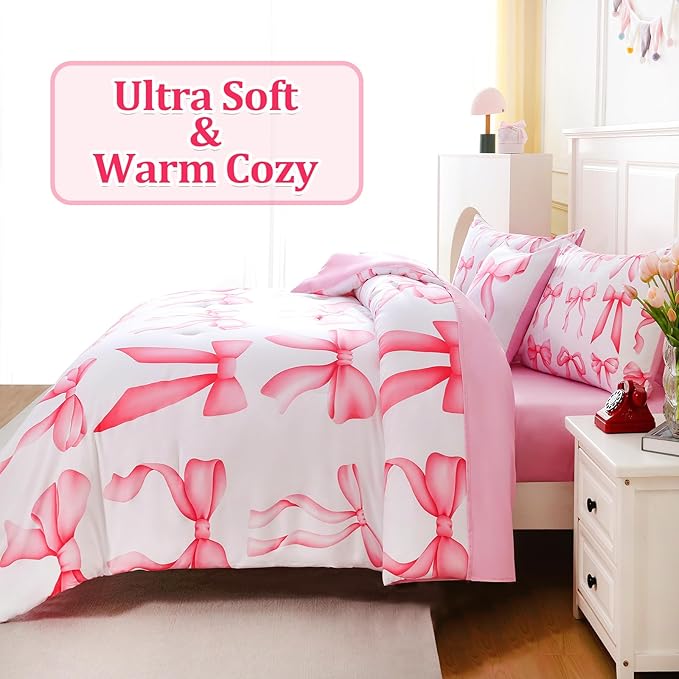 6 Pieces Full Comforter Sets with Sheets Pink Bed in a Bag for Girls,Bow Comforter Set,Bow Full Bedding Sets for Kids