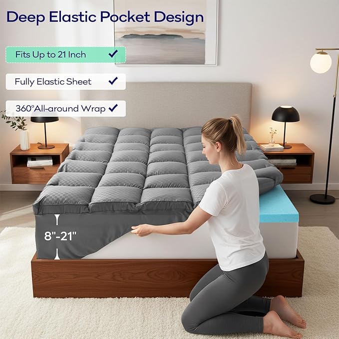 OLANLY Dual-Layer 4 Inch Cal King Size Memory Foam Mattress Topper for Back Pain, 2 Inch Cooling Pillow Top Mattress Pad Cover and 2 Inch Gel Memory Foam Topper, Deep Elastic Pocket, Grey
