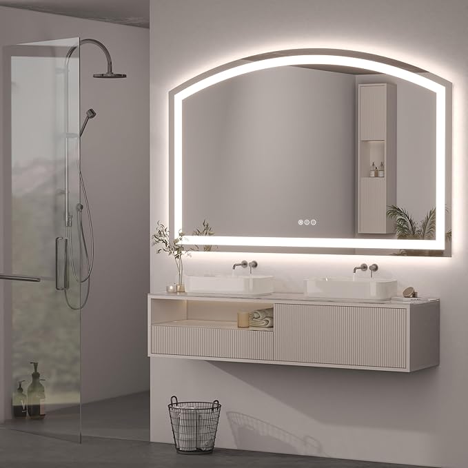 Hasipu 55x36 Inch LED Bathroom Mirror Arch Vanity Mirror with Lights Frontlit Smart Touch Sensor Dimmable 3 Colors Temperature Shatterproof Wall-Mounted Vanity Mirror Metal Frame