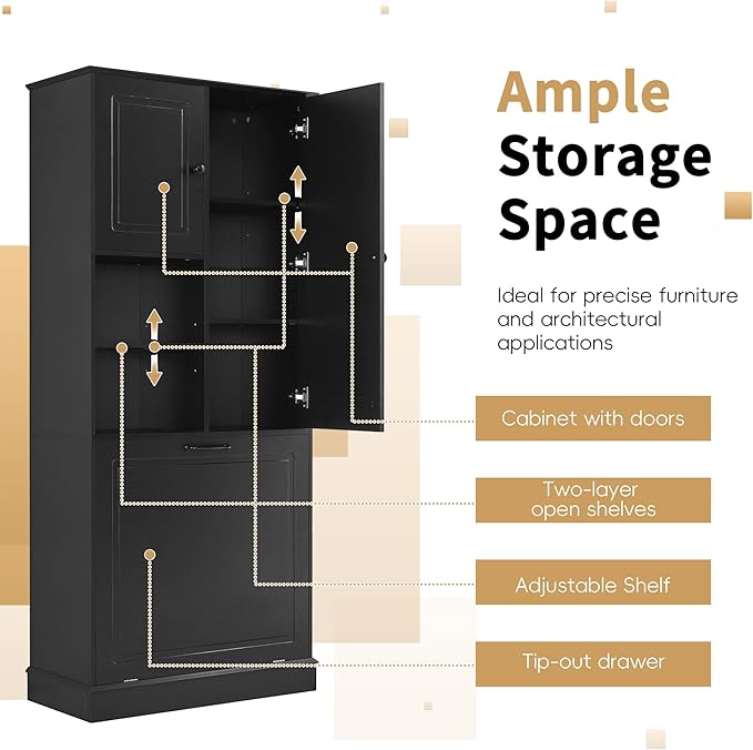 Tall Storage Cabinet with Adjustable Shelves & Flip-Out Basket, MDF Material with Aluminum Alloy Handles, Large Capacity for Bathroom, Kitchen, Living Room, Office Organizer, Black