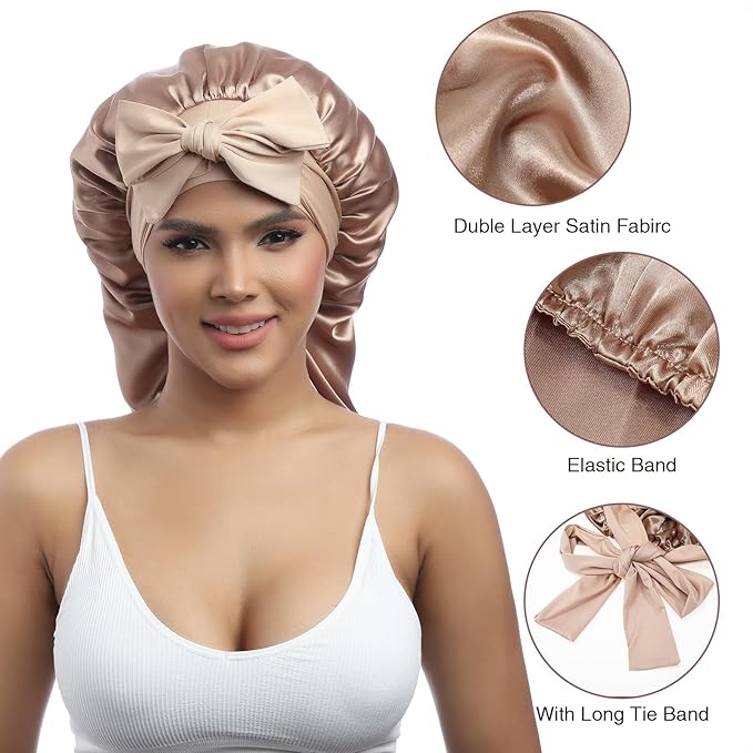AWAYTR Long Satin Bonnet for Women - Double Layer Elastic Silk Bonnet for Braids Hair Sleeping Cap with Tie Band (Champagne)