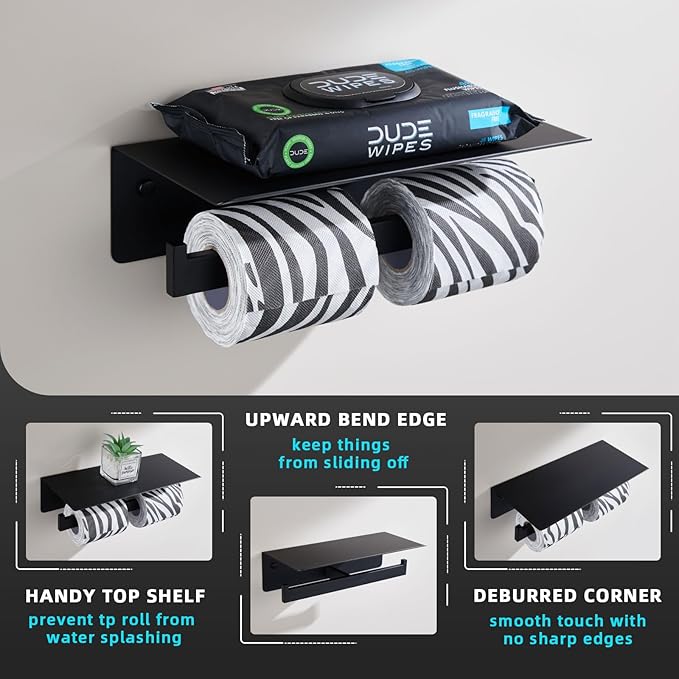 Angle Simple Matte Black Toilet Paper Holder with Shelf, 304 Stainless Steel Double Toilet Tissue Roll Holder for Wall