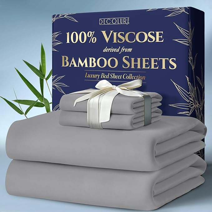 DECOLURE 100% Viscose Derived from Bamboo Sheets King Size 4pcs - Ultra Soft & Luxuriously Cooling, 17" Deep Pocket, Double Stitching, Perfect for Hot Sleepers - King Bed Sheets (Midgrey)