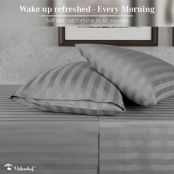 URBANHUT 1000 Thread Count Egyptian Cotton Sheets Damask Striped King Size, Long Staple Soft & Breathable, 4 Pc Bed Sheet Sets, Luxury Hotel Sateen Sheets Fits 16" Deep Pocket - Dark Grey