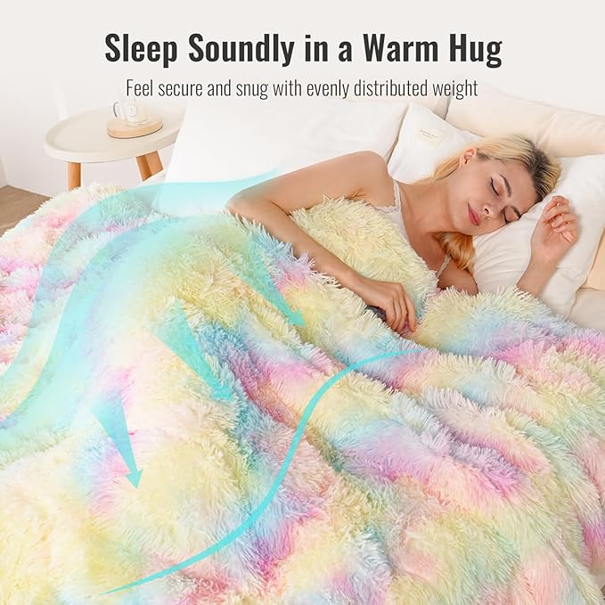 Uttermara Faux Fur Weighted Blanket Queen Size 15 lbs 60x80 inches, Warm Sherpa Weighted Blankets for Adults, Thick Heavy Blanket with Soft Plush Fleece & Cozy Sherpa Great for Relax, Rest, Rainbow