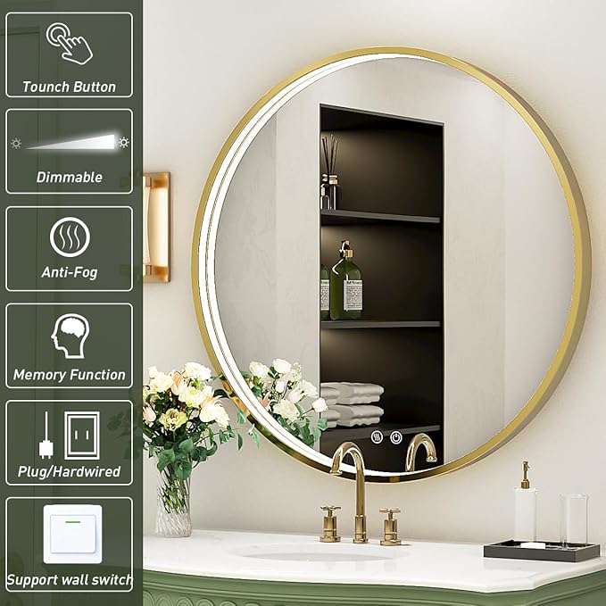 28" Round LED Bathroom Mirror, Dimmable Anti-Fog Vanity Mirror with Touch Control, 6000K Natural Light, Gold Metal Frame, Wall Mounted for Makeup Shaving (IP54, 90+ CRI)