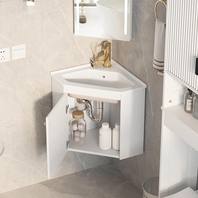 Corner Bathroom Vanity Sink Cabinet 24", Wall Mount Floating for Small Bathroom, White Ceramic Top (Faucet Not Included) (Wave Pattern)
